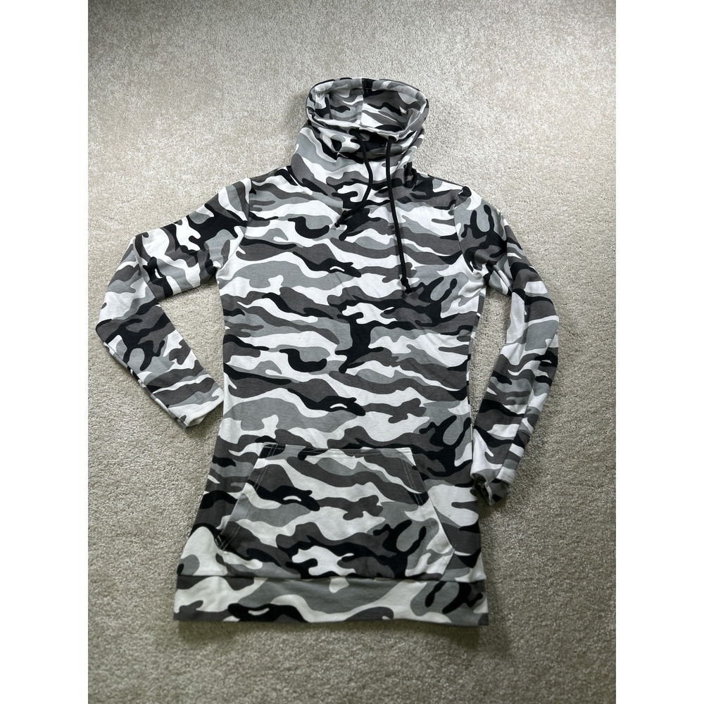 Lily & Lottie Pullover Womens XS Gray Camo Hoodie Funnel Neck Long Pocket Cotton